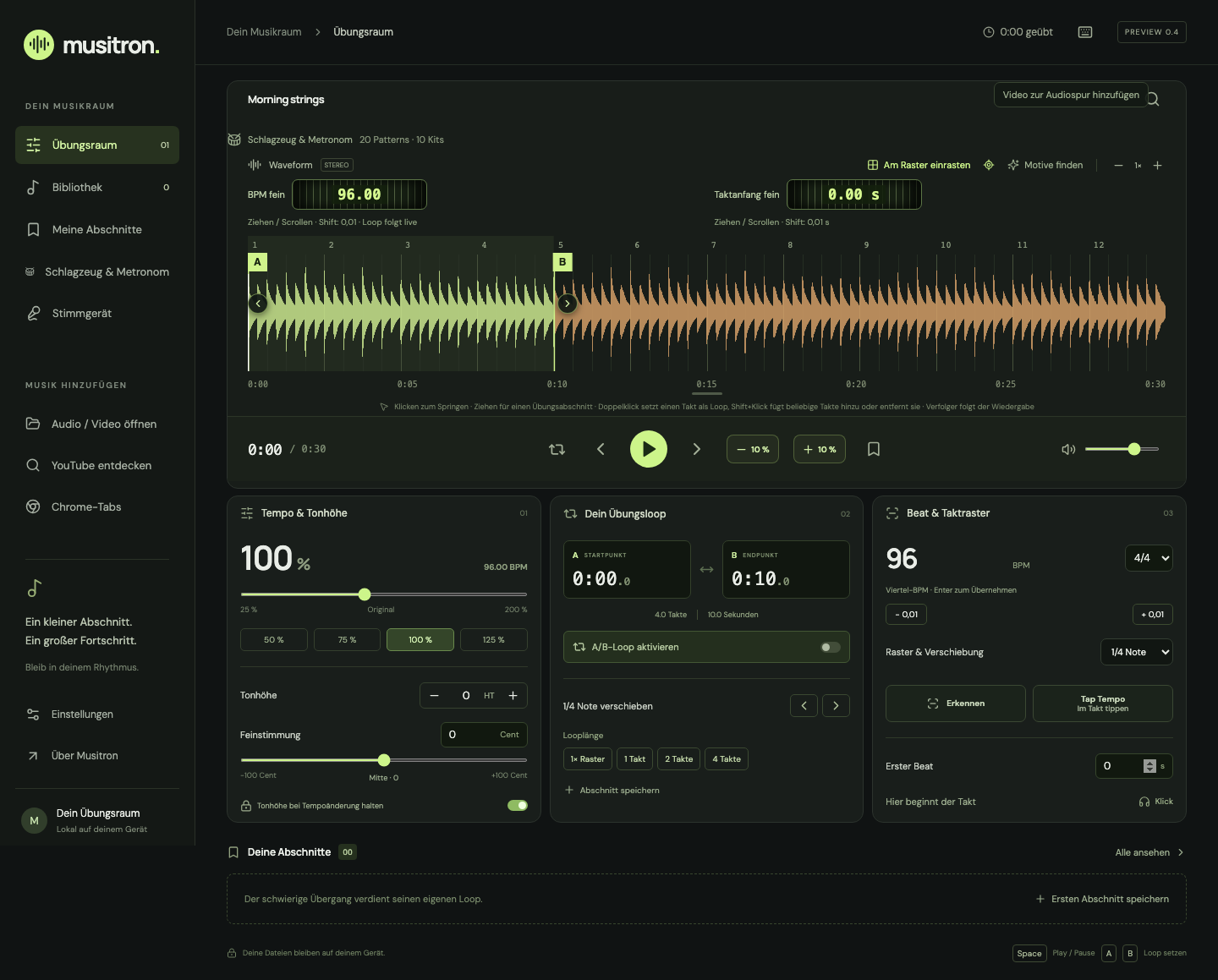 Musitron practice space with waveform, tempo, pitch and an A/B loop